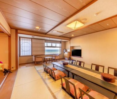 Traditional tatami dining room with low tables and chairs at Choshi Grand Hotel in Chiba, Kantō, Japan