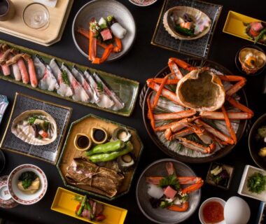 Crab, sashimi and side dishes at Sumihei, Taiza Onsen, Kyoto