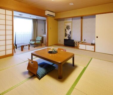 Tatami room with low table and shoji screens at Miyabitake in Kanagawa, Kantō, Japan
