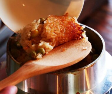 Grilled rice ball on wooden spoon at Gesseitei auberge de la mer de nuages Hyōgo Japan