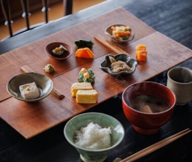 Wooden tray with rice bowl, soup and small side dishes at Kaze no Sawa, Miyagi Tōhoku Japan