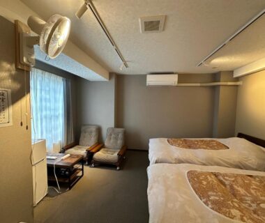 Twin beds, two armchairs and table in hotel room at Hôtel Ekihon Building, Niigata