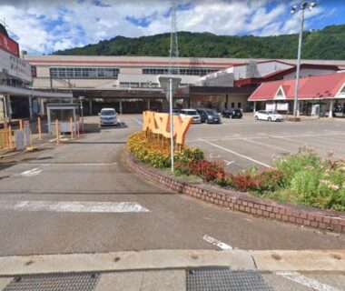 Station entrance with buses, flowerbeds and mountain backdrop near Hôtel Ekihon Building in Niigata