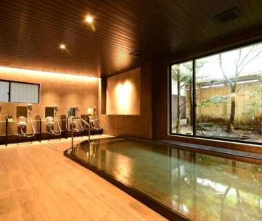 Indoor communal bath with washing stations and garden view at Koyasan Shukubo Sanboin, Wakayama