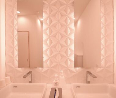 Bright dual washbasins with patterned wall at Koyasan Shukubo Sanboin in Wakayama, Kansai