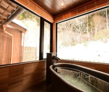 Wooden indoor bath with large windows at Koyasan Shukubo Fudoin, Wakayama
