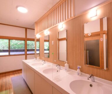Communal washbasins with mirrors and wooden accents beside a window overlooking greenery at Koyasan Shukubo Zofukuin Wakayama