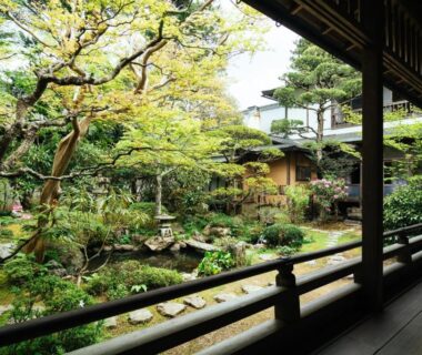 Covered wooden veranda overlooking moss garden and manicured trees at Koyasan Shukubo Zofukuin, Wakayama, Japan
