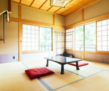 Tatami room with low table and cushions, shoji screens, outside greenery at Koyasan Shukubo Zofukuin Wakayama