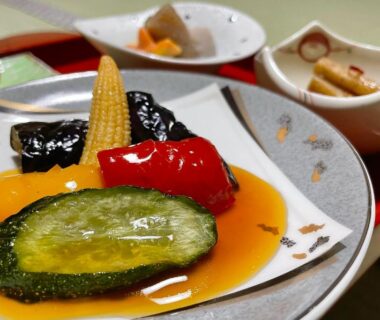 Assorted simmered vegetables in savory sauce at Koyasan Shukubo Daienin, Wakayama