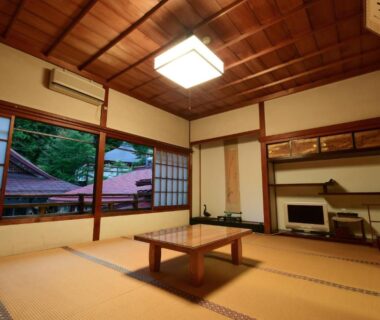 Tatami room at Koyasan Shukubo Daimyououin Wakayama with low table, shoji screens and view of nearby rooftops and trees