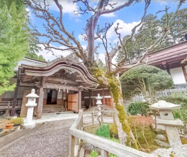 Ornate wooden entrance with stone lanterns at Koyasan Shukubo Daimyououin in Wakayama