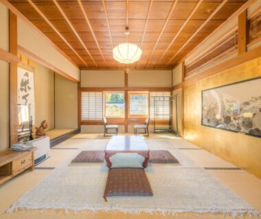 Spacious tatami room with low table and floor cushions at Ekoin, Koyasan, Wakayama