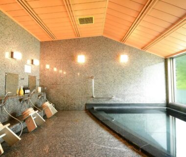 Tiled indoor bathing area with washing stations and large tub at Koyasan Shukubo Sojiin Wakayama