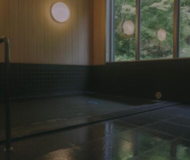 Indoor onsen bath with wooden panels, low lighting, glass windows overlooking greenery at Hôtel et cottages Kinasa no Yu, Nagano