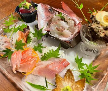 Sashimi assortment on glass plate with garnishes at 鵜原館 in Chiba, Kantō