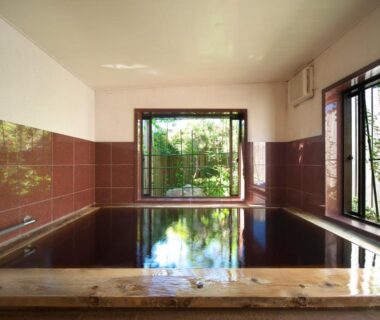 Indoor wooden-edged bath at Kuroshio no Yado Rinkaisou in Chiba with greenery visible through windows